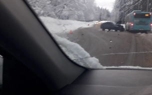Легковушку развернуло поперек дороги во время лобового ДТП под Зеленогорском