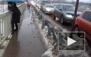 В Мурино потоп охватил пешеходный мост: люди лезут по перилам как обезьяны