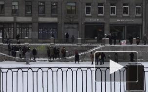 Участники протестного шествия в Петербурге переходят Фонтанку по льду